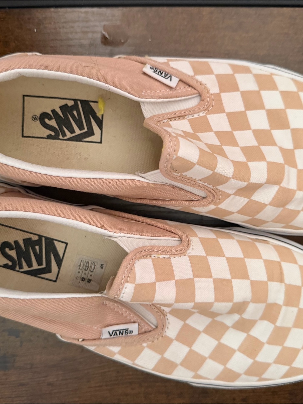 Vans Women's Slip-On Checkerboard Sneakers in Peach and White